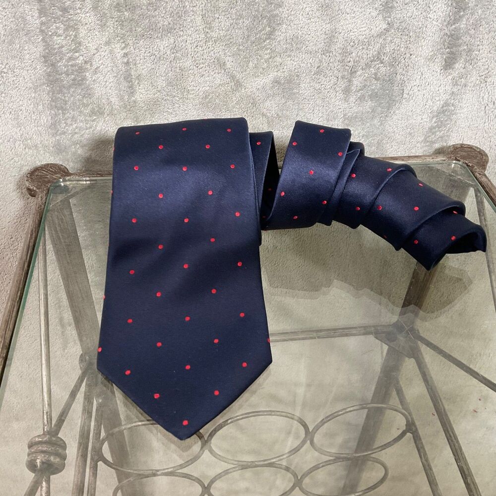 The Tie Bar Long Men's Blue /Red Polka Dot Silk Necktie stain Resistant 60.25”
